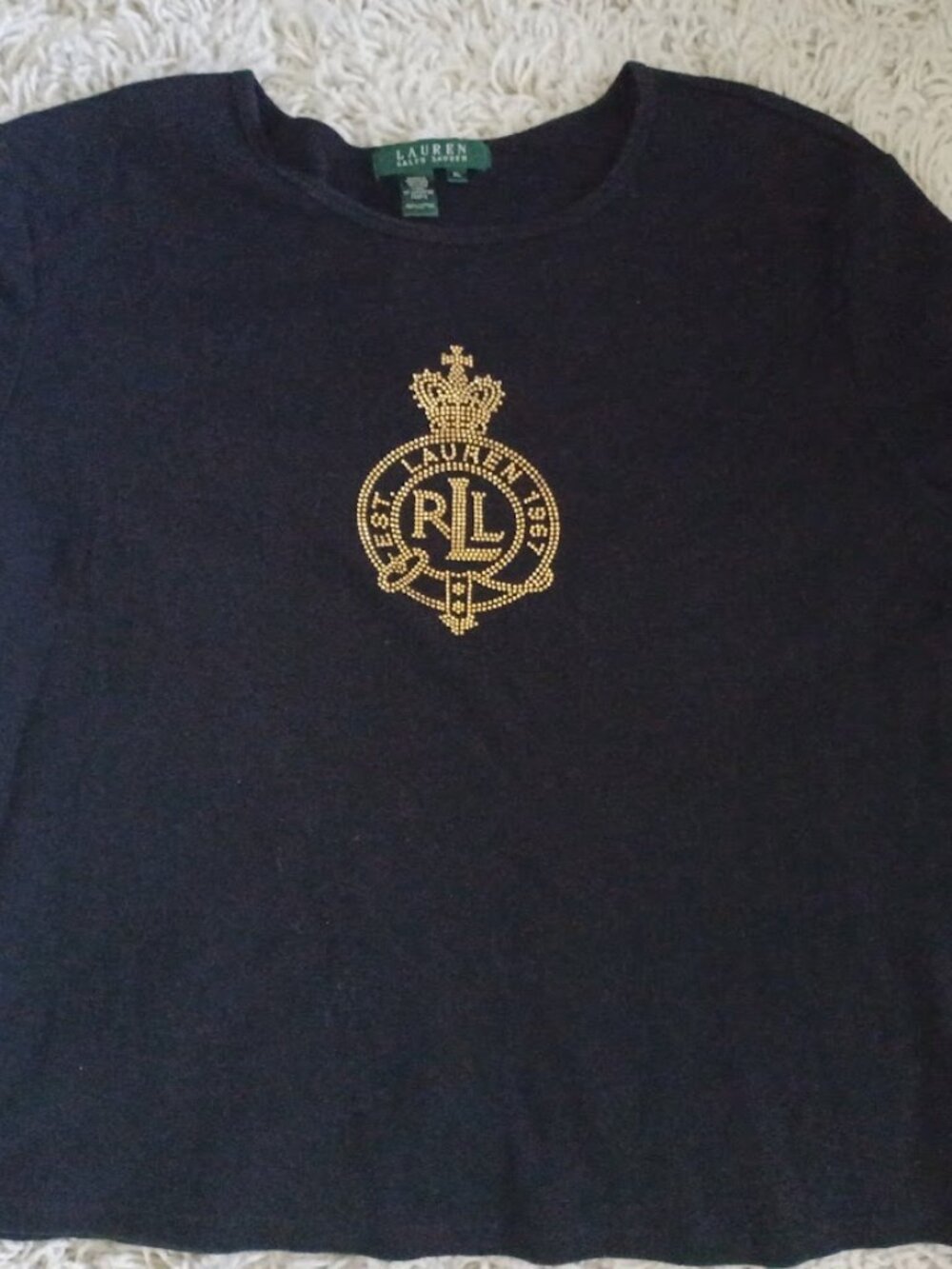 Lauren Ralph Lauren Womens XL Black T Shirt Gold Rhinestone Crest Logo